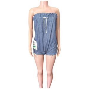 Vintage 70s Strapless Blue Cotton Romper Floral Pocket Boho Summer Playsuit